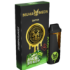 Sleek Jack Herer Muha Meds 2g disposable vape pen with a forest green and gold design, placed on a white background with a subtle pine-inspired accent.