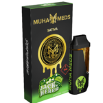 Sleek Jack Herer Muha Meds 2g disposable vape pen with a forest green and gold design, placed on a white background with a subtle pine-inspired accent.