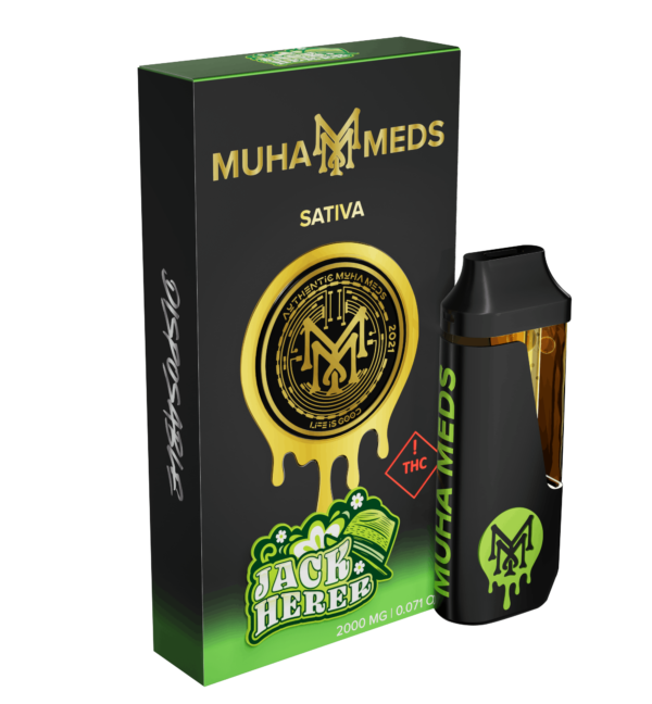 Sleek Jack Herer Muha Meds 2g disposable vape pen with a forest green and gold design, placed on a white background with a subtle pine-inspired accent.