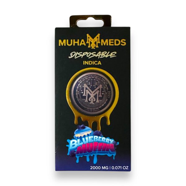 Sleek Muha Meds Blueberry Muffin 2g disposable vape pen with a warm purple and brown design, placed on a white background with a subtle blueberry muffin accent.