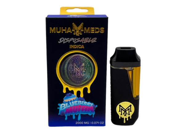 Sleek Muha Meds Blueberry Muffin 2g disposable vape pen with a warm purple and brown design, placed on a white background with a subtle blueberry muffin accent.