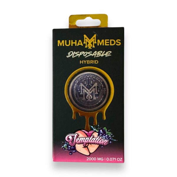 Elegant Muha Meds Temptation 2g disposable vape pen with a deep purple and gold design, displayed on a white background with a subtle berry-inspired accent.