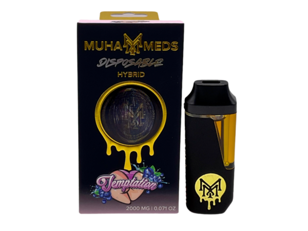 Elegant Muha Meds Temptation 2g disposable vape pen with a deep purple and gold design, displayed on a white background with a subtle berry-inspired accent.